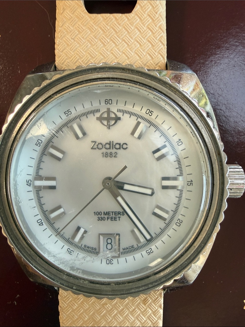 Zodiac White Dial Sport Watch with Beige Strap